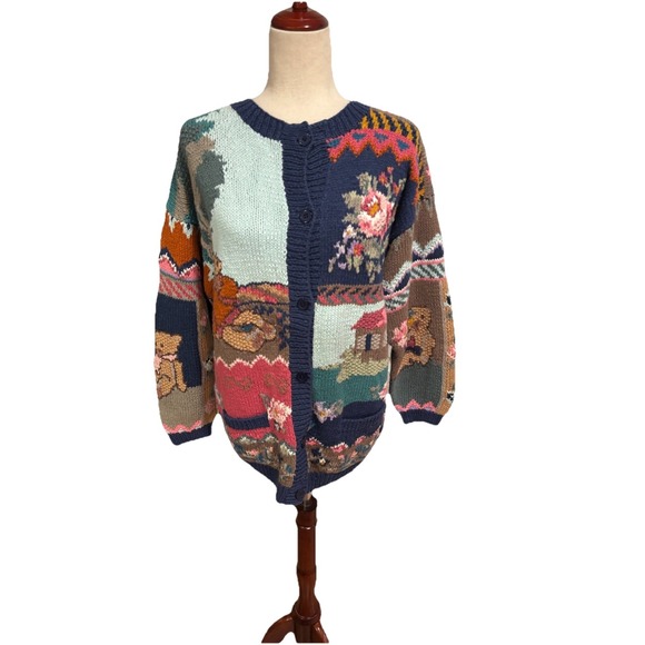 Vintage 90s Together! Knit Cardigan Sweater Teddy Bears Floral Women's S Grandma - Picture 6 of 10